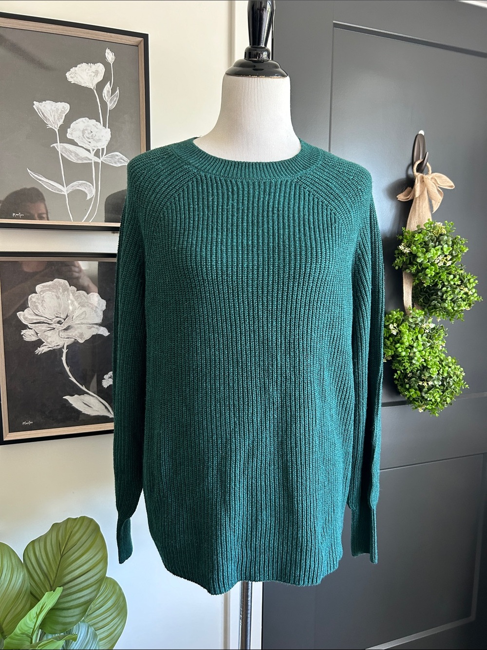 🆕🌺 L Crewneck Rib-Knit long sleeve baggy fall Sweater -forest Green